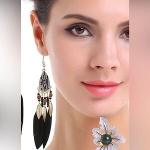 Black Feather Beaded Tear Drop Gold Earrings
